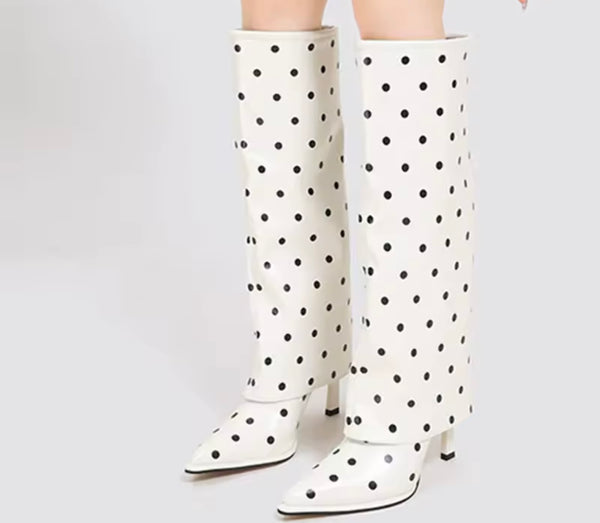 Women Fashion Polka Dot Faux Leather Knee High Boots