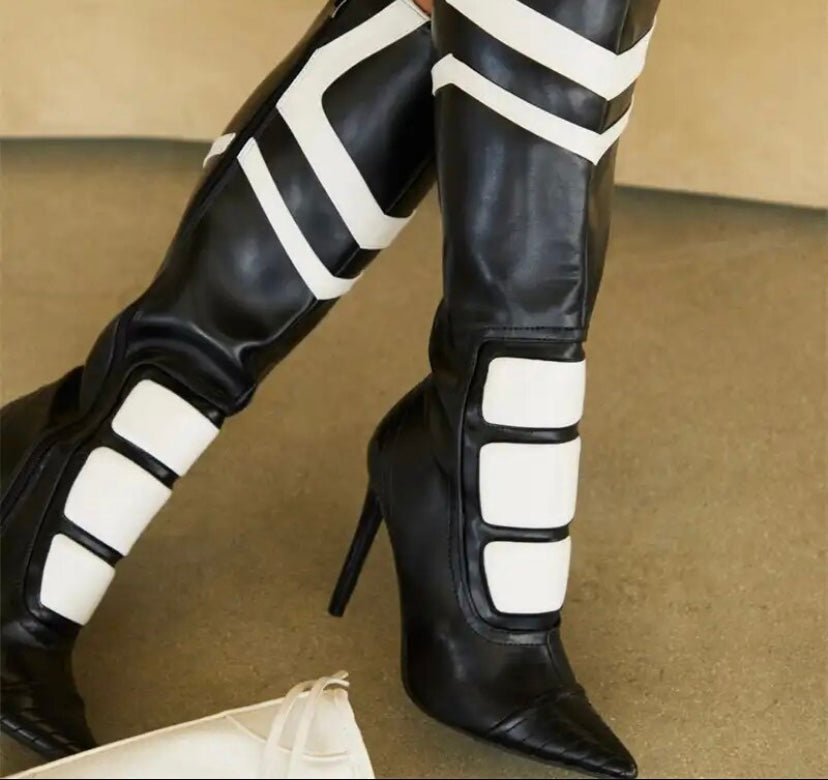Women Fashion Color Patchwork Knee High Pointed Toe Boots