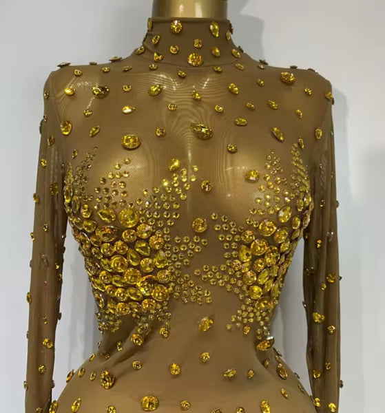 Women Sexy Bling Crystal Mesh Full Sleeve Dress