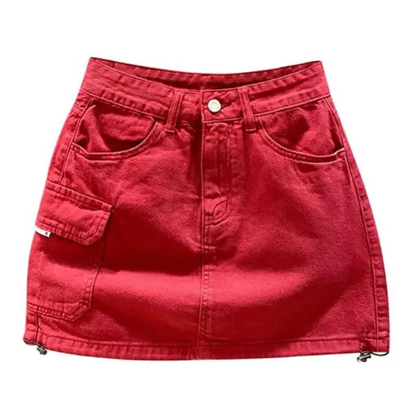 Women Fashion Side Pocket Drawstring Denim Skirt