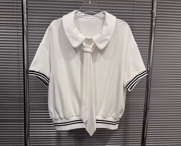 Women Collar Tie Striped Short Sleeve Two Piece Skirt Set