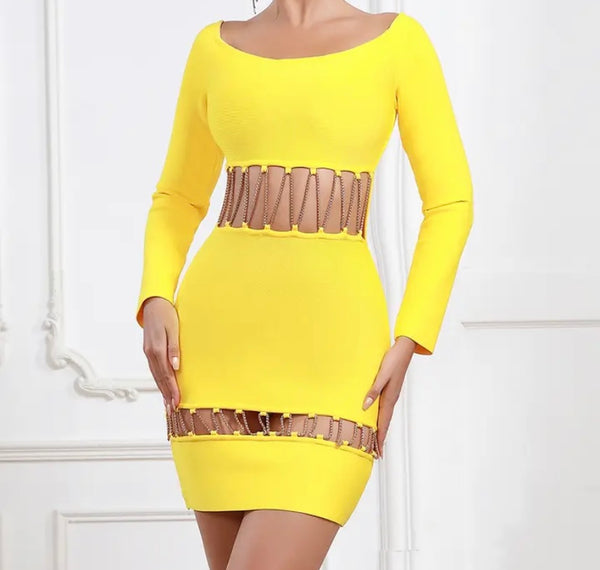 Women Yellow Sexy Chain Cut Out Full Sleeve Dress