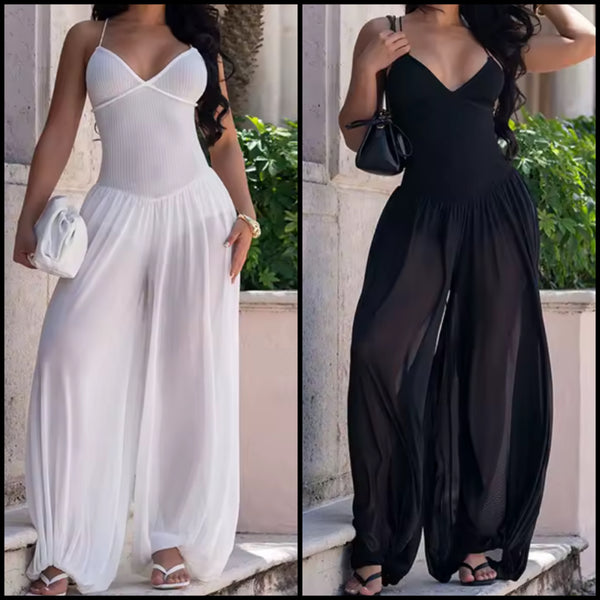 Women Sleeveless Open Back Sexy Mesh Jumpsuit