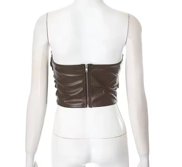 Women Sexy Fashion Strapless Faux Leather Crop Top