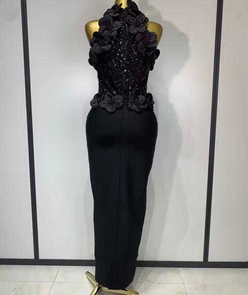 Women Sexy Sleeveless Sequins Beaded 3D Floral Maxi Dress