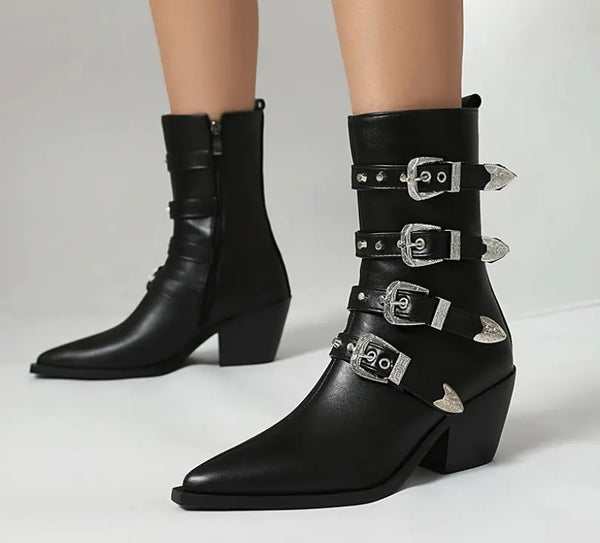 Women Fashion Faux Leather Buckled Ankle Boots