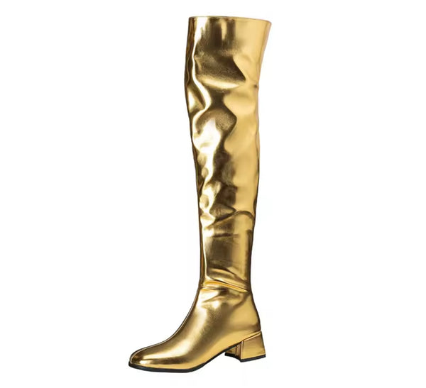 Women Color Metallic Fashion Zip Up Flat Knee High Boots