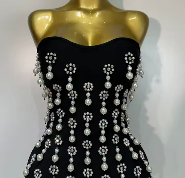 Women Black Sexy Strapless Pearl Rhinestone Dress
