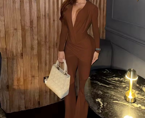 Women Sexy Solid Color V-Neck Full Sleeve Ruched Jumpsuit