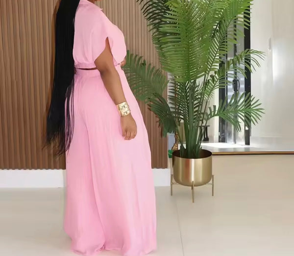 Women Color Short Sleeve Fashion Two Piece Wide Leg Pant Set