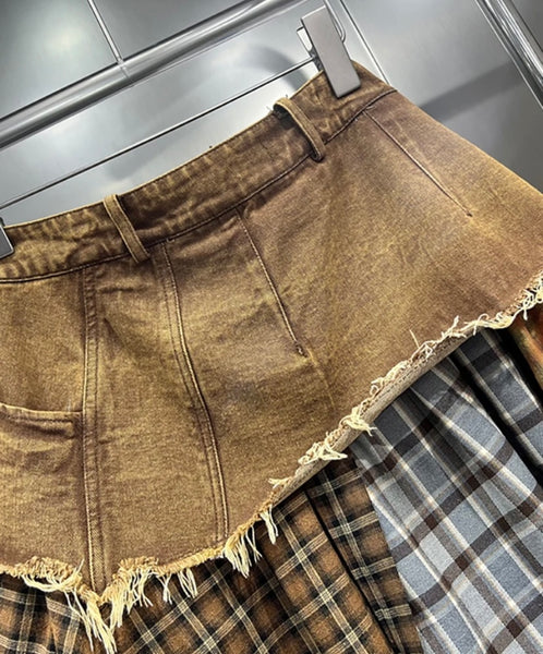 Women Fashion Plaid Pleated Denim Skirt