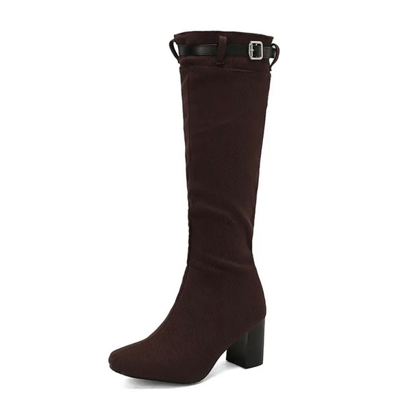 Women Fashion Color Buckled Zip Up Knee High Boots