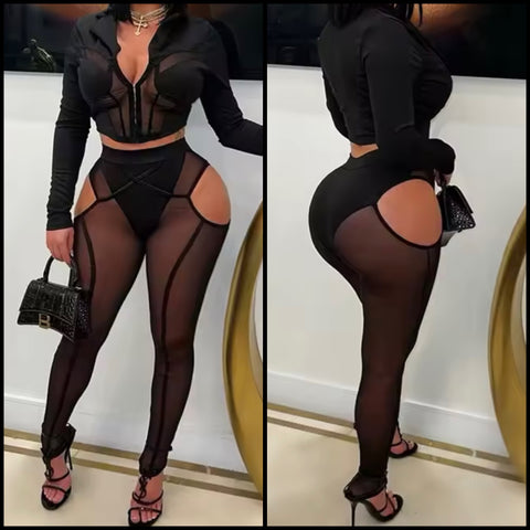 Women Sexy Black Cut Out Mesh Pant Set
