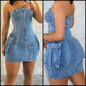 Women Sexy Strapless Cargo Denim Tube Dress