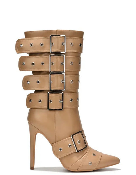 Women Fashion Pointed Toe Buckled Ankle Boots