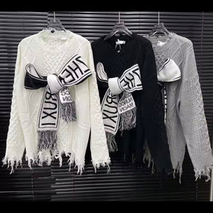 Women Fashion Letter Print Bow Full Sleeve Knitted Sweater Top