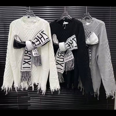 Women Fashion Letter Print Bow Full Sleeve Knitted Sweater Top