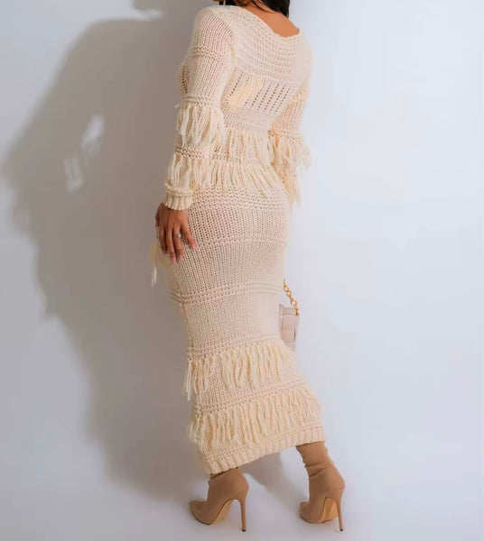 Women Sexy Fringe Full Sleeve Knitted Maxi Dress