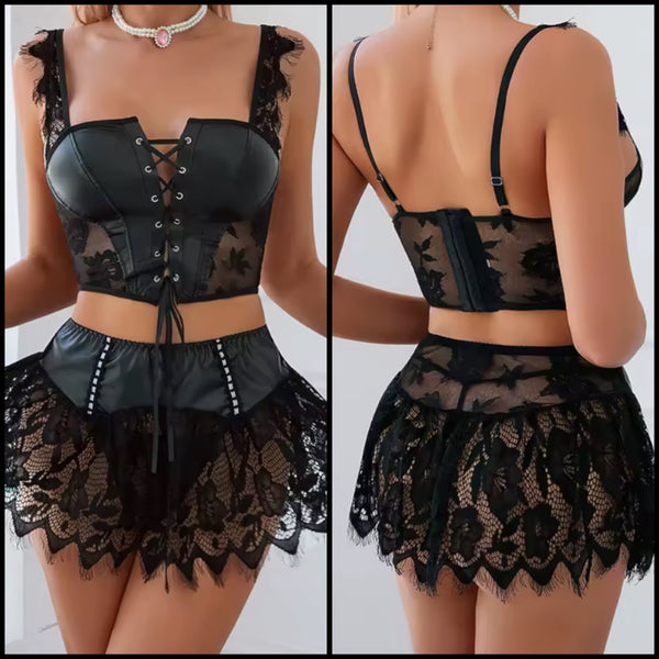 Women Sexy Black Bling PU Lace Lingerie Set