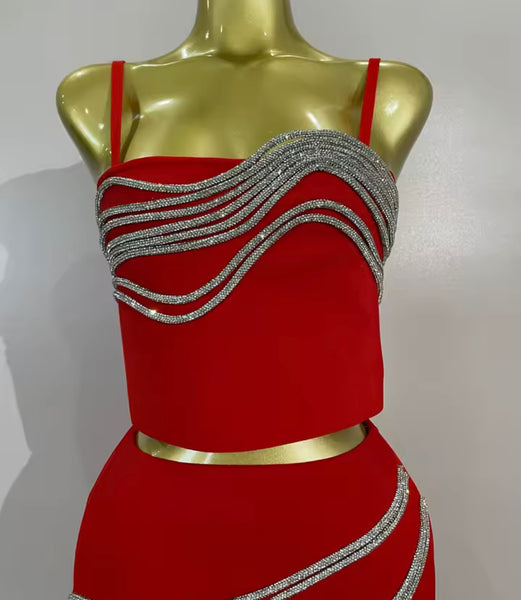Women Sleeveless Rhinestone Patchwork Two Piece Skirt Set