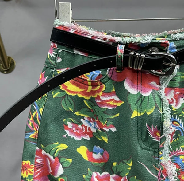 Women Sexy Fashion Green Floral Denim Long Skirt