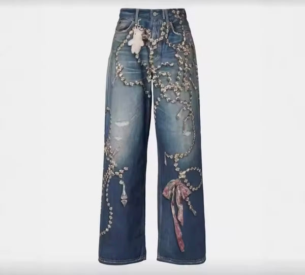 Women Rhinestone Chain Bow Fashion Denim Pants