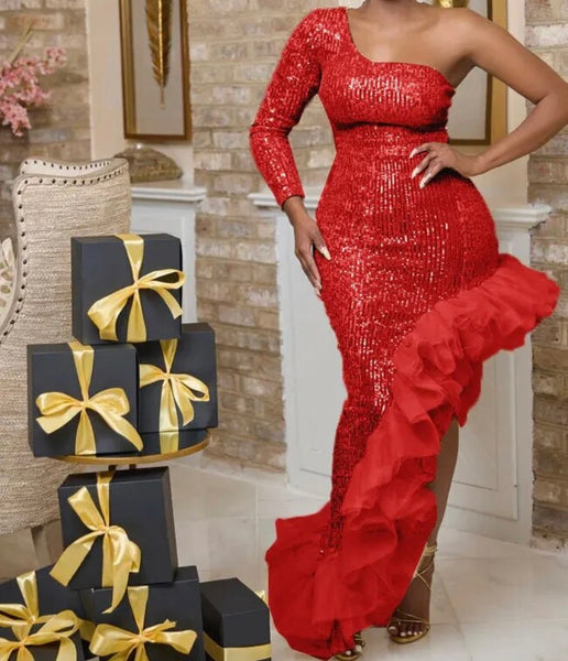 Women Sexy One Shoulder Full Sleeve Sequins Ruffled Maxi Dress