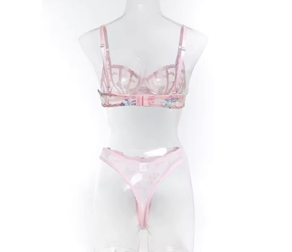 Women Sexy Pink Floral Mesh Lingerie Set