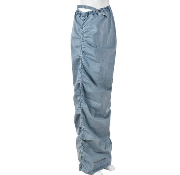 Women Ruched Fashion Denim Maxi Skirt