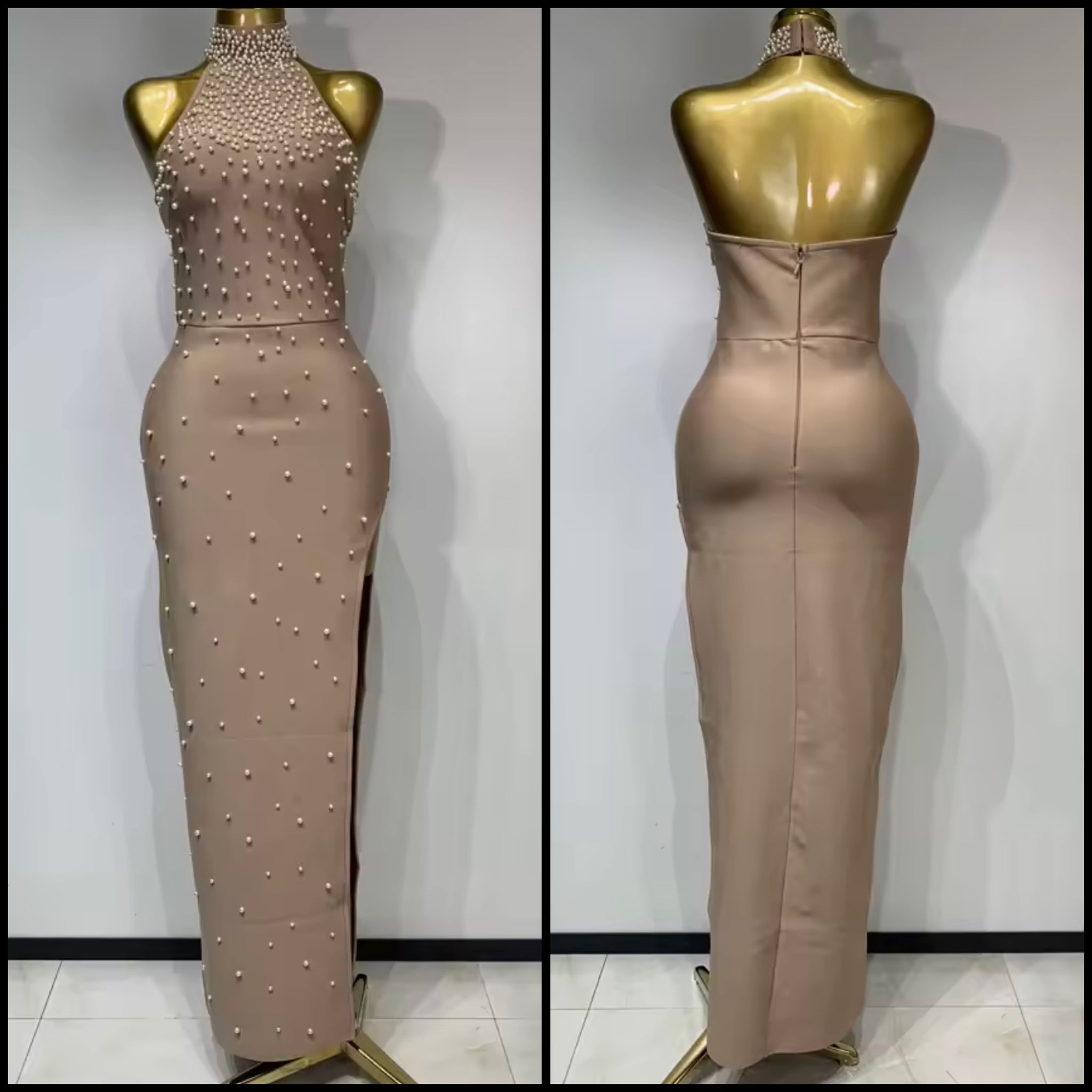 Women Sexy Sleeveless Pearl Side Split Maxi Dress