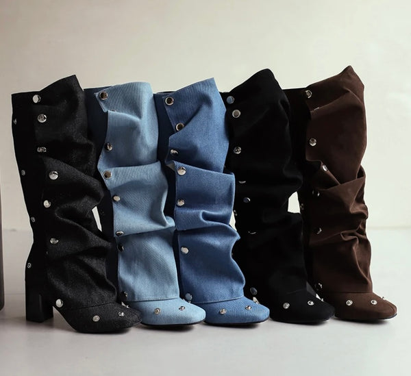 Women Fashion Suede/Denim Button Knee High Boots