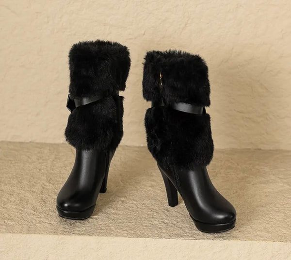 Women Fashion Fur Faux Leather Bow Ankle Boots