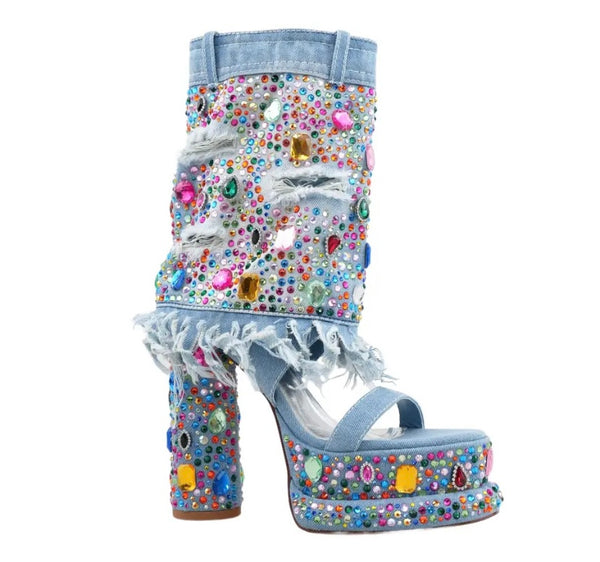 Women Fashion Open Toe Color Crystal Platform Denim Ankle Boots