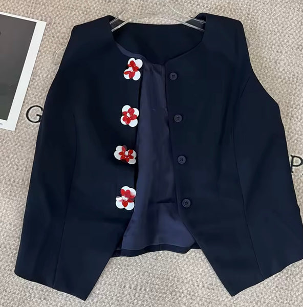 Women Sleeveless Floral Button Up Two Piece Pleated Skirt Set