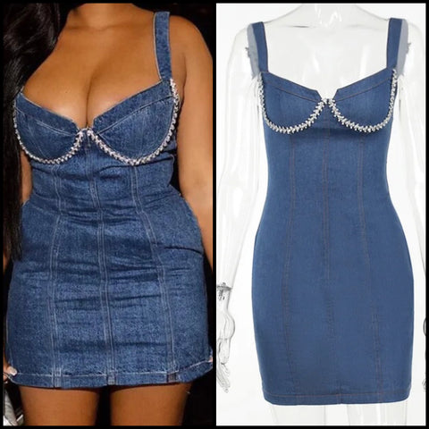 Women Sexy Fashion Sleeveless Bling Denim Dress