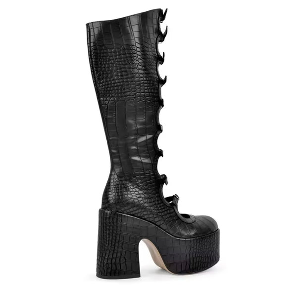 Women Round Toe Buckled Platform Knee High Boots