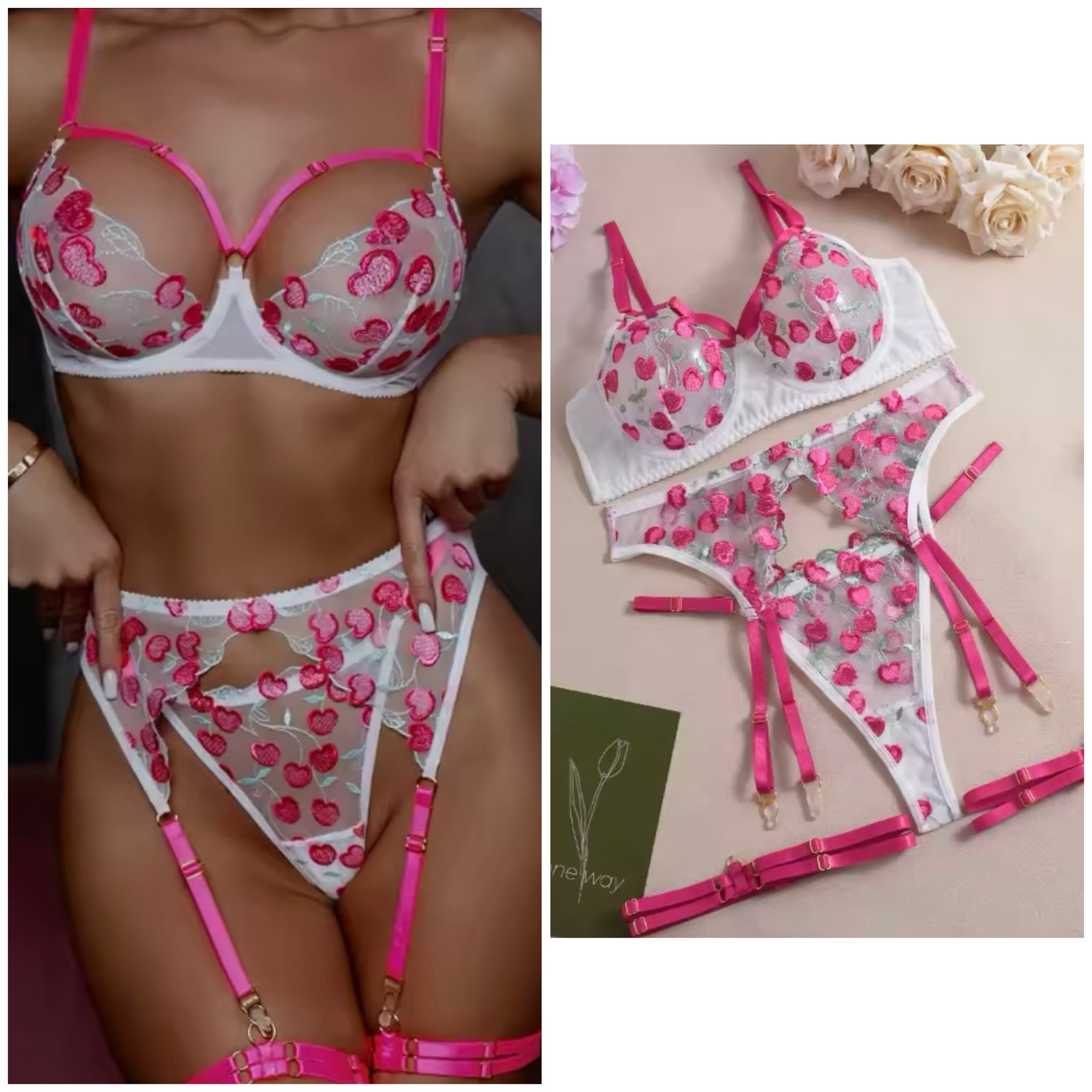 Women White Pink Heart Sexy Mesh Lingerie Set