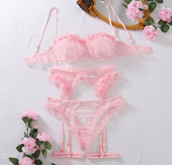 Women Sexy Pink Ruffled Lace Cut Out Lingerie Set