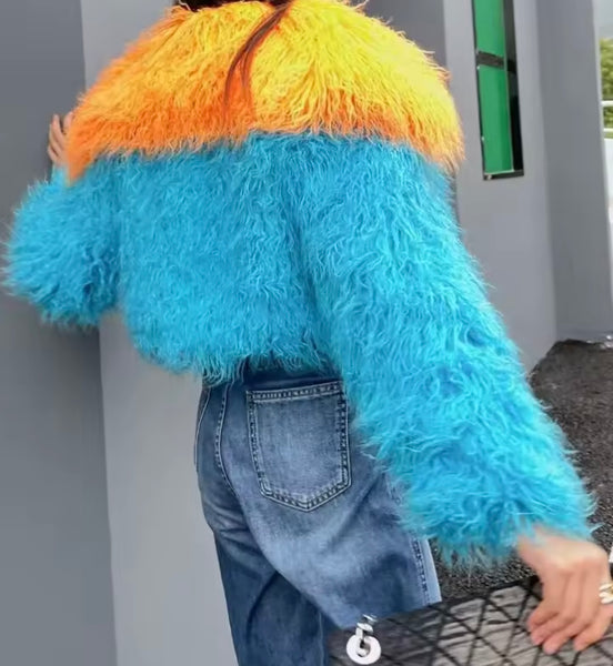 Women Color Patchwork Fashion Faux Fur Short Jacket
