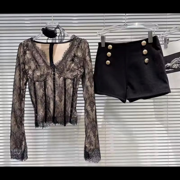 Women V-Neck Full Sleeve Lace Two Piece Button Short Set