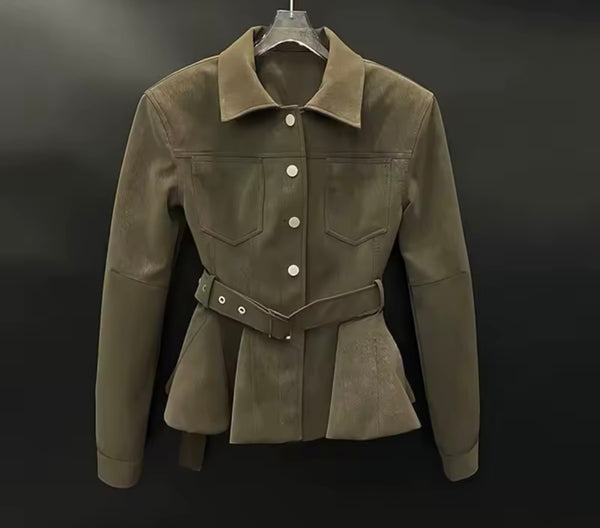 Women Collar Button Up Ruffled Jacket Two Piece Skirt Set