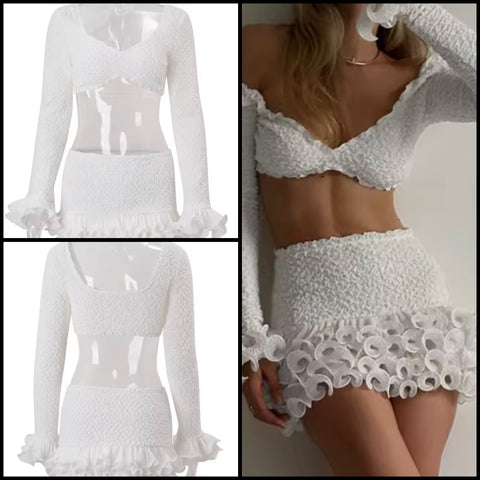 Women Sexy White Ruffled Full Sleeve Crop Two Piece Skirt Set