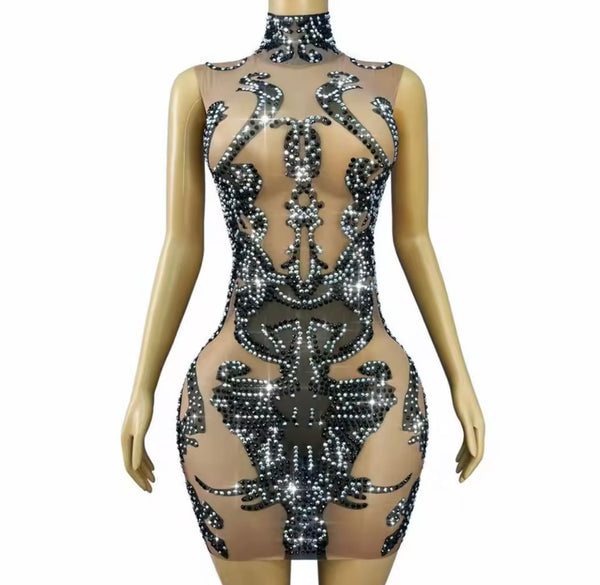 Women Sexy Sleeveless Mesh Black Rhinestone Dress