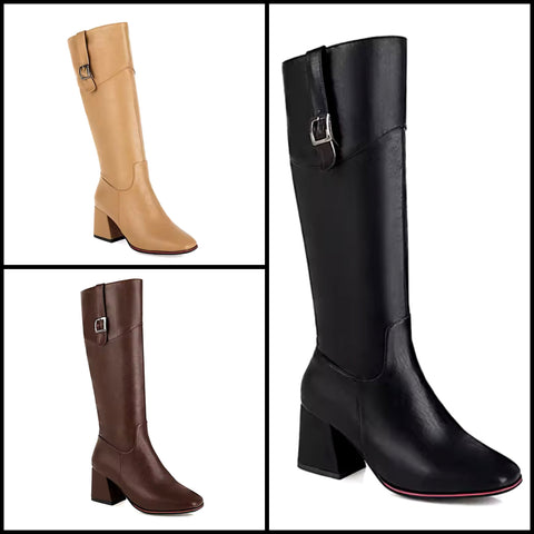 Women Color Fashion Faux Leather Buckled Knee High Boots