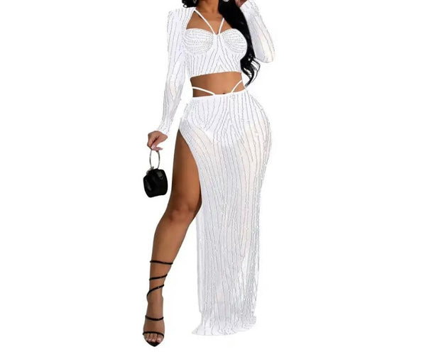 Women Sexy Full Sleeve Bling Mesh Two Piece Maxi Skirt Set