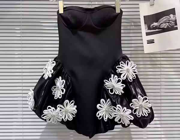 Women Strapless Sexy Black Bling 3D Floral Corset Dress