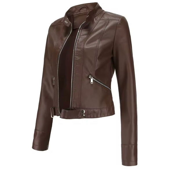 Women Color Zip Up Faux Leather Jacket