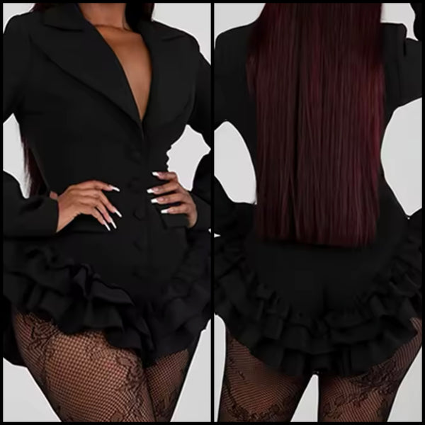 Women Sexy Black Ruffled Full Sleeve Blazer Romper