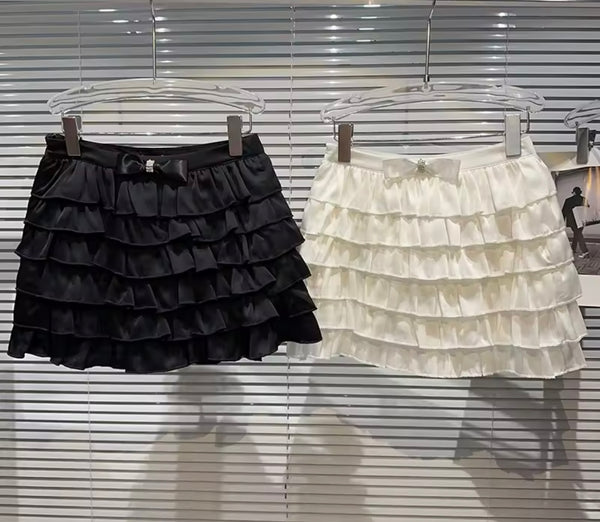 Women Fashion Color Ruffled Bow Skirt