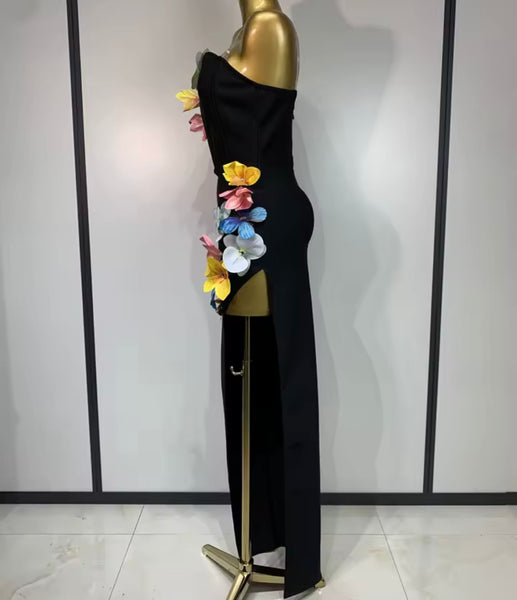 Women Sexy Strapless Black Floral Side Split Maxi Dress